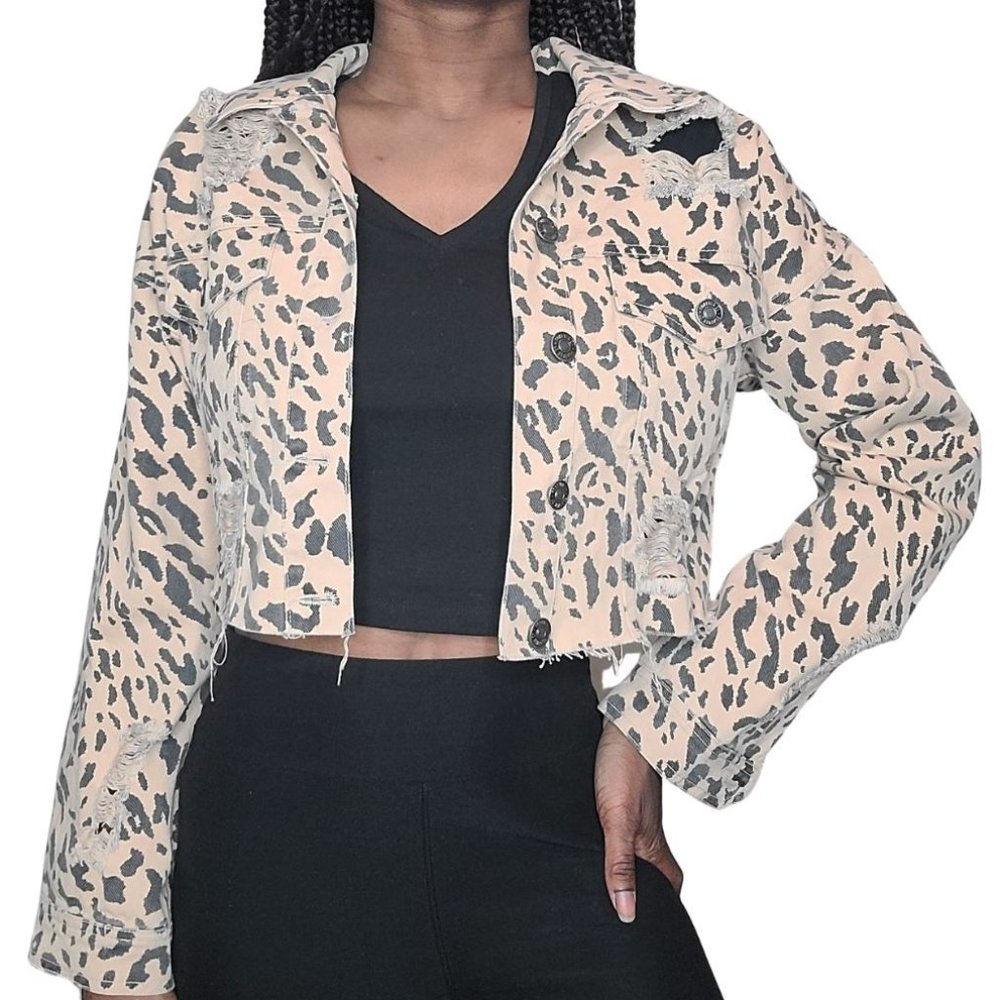 Forever 21 Leopard Print Distressed Denim Jacket